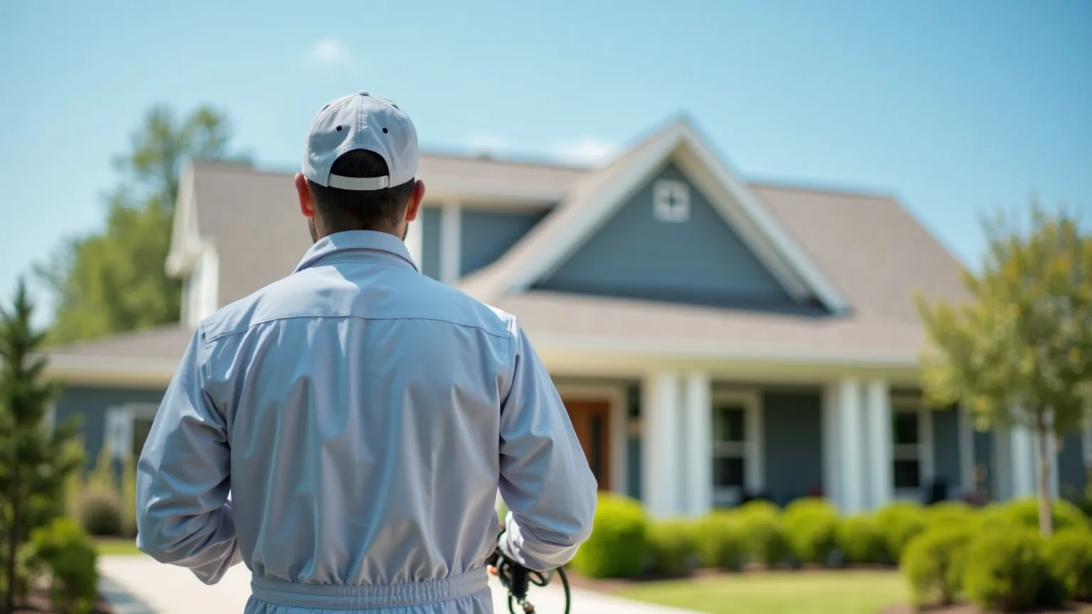 Pest control technician treating the exterior of a home